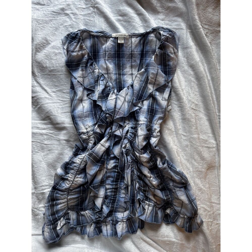 Boston Proper Womens 14 Blue Plaid Ruched Ruffle Blouse Top Romantic Y2K